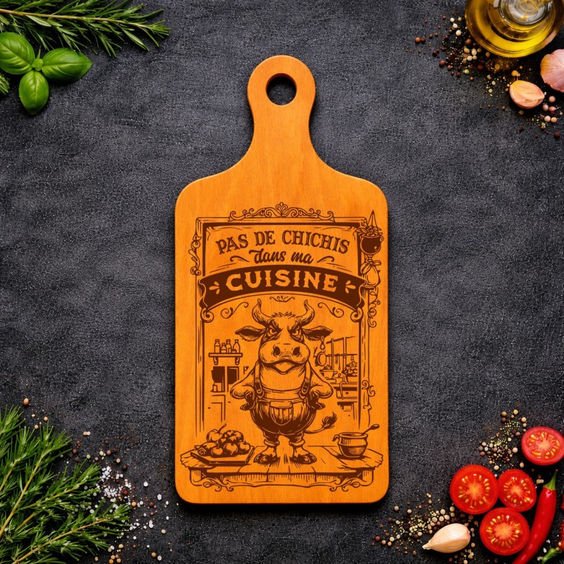 Planche bois “Pas de chichis dans ma cuisine !” | Cadeau apéro | AuxSouhaits