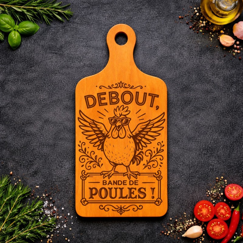 Planche bois “Debout, bande de poules !” | Cadeau apéro | AuxSouhaits