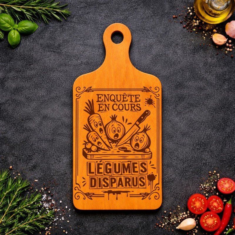 Planche bois “Enquête en cours : légumes disparus !” | Cadeau apéro | AuxSouhaits