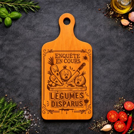 Planche bois “Enquête en cours : légumes disparus !” | Cadeau apéro | AuxSouhaits