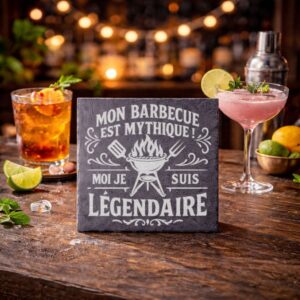 Sous-verre en ardoise gravé avec le texte Mon barbecue est mythique, moi je suis légendaire