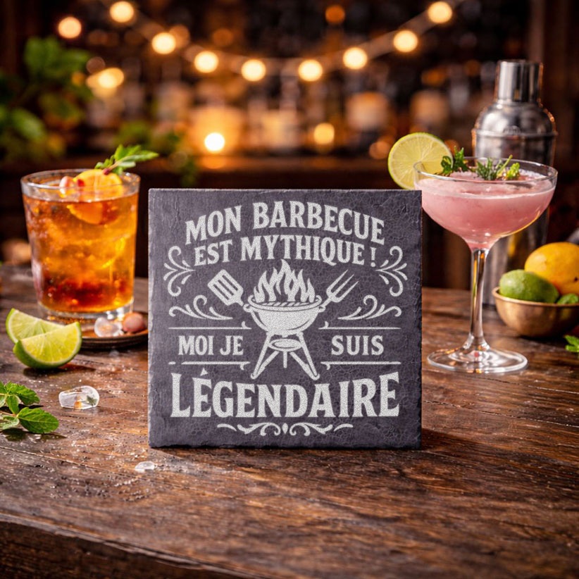 Sous-verre en ardoise gravé avec le texte Mon barbecue est mythique, moi je suis légendaire