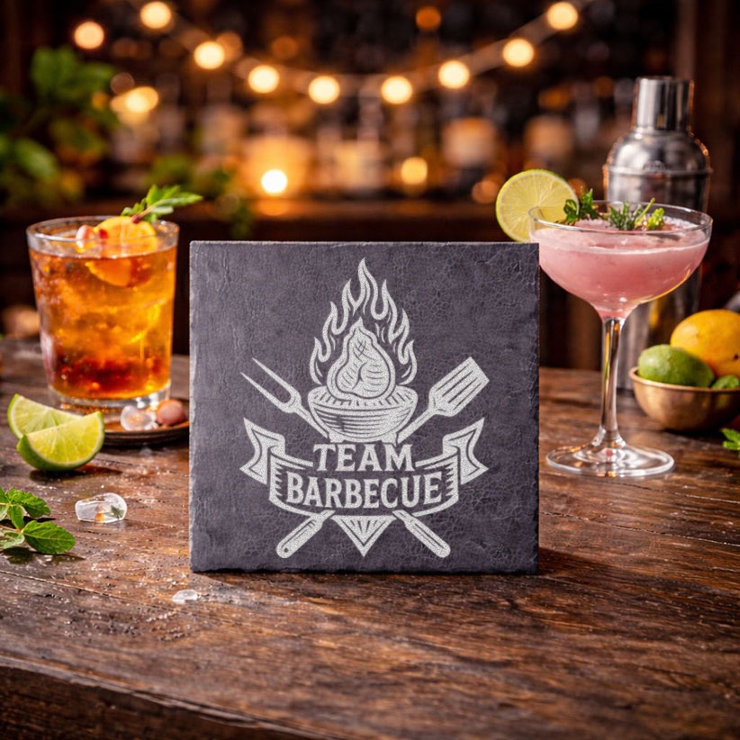 Sous-verre en ardoise avec le dessin Team Barbecue