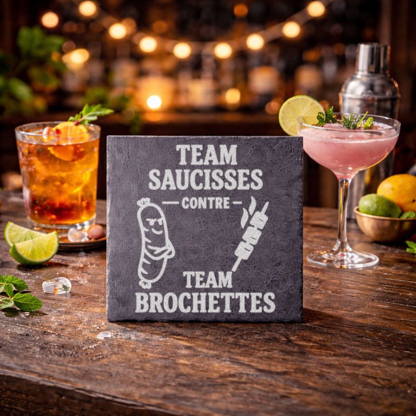 Ardoise personnalisée Team Saucisses contre Team Brochettes